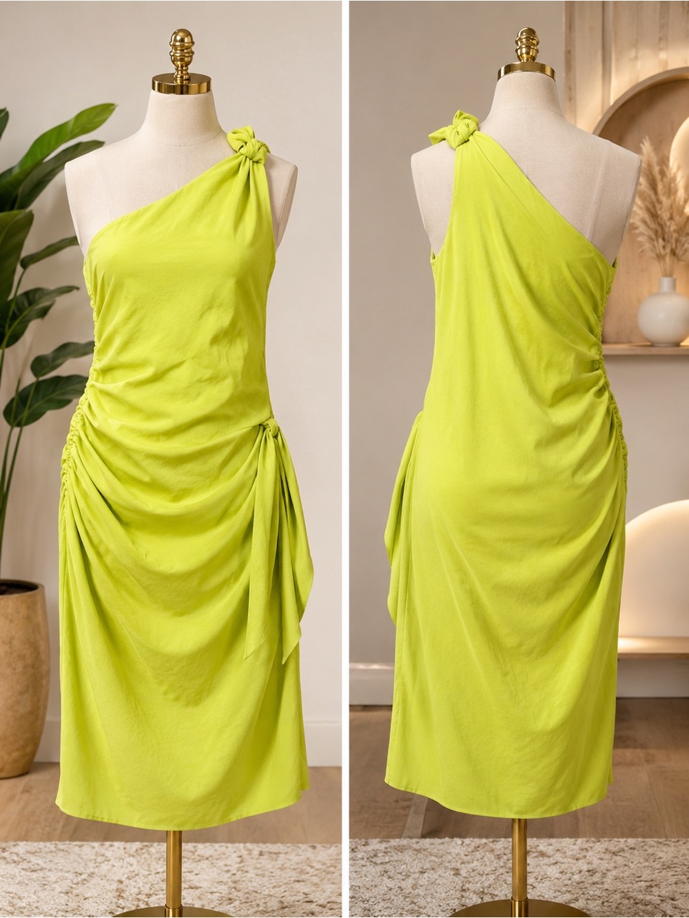 Zara Lime Green One-Shoulder Midi Dress with Knot Detail